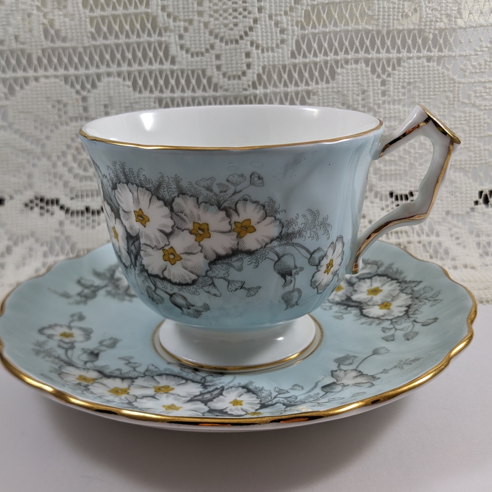 Vintage Aynsley Light Blue With White Petunias Gold-Trim Teacup & Saucer